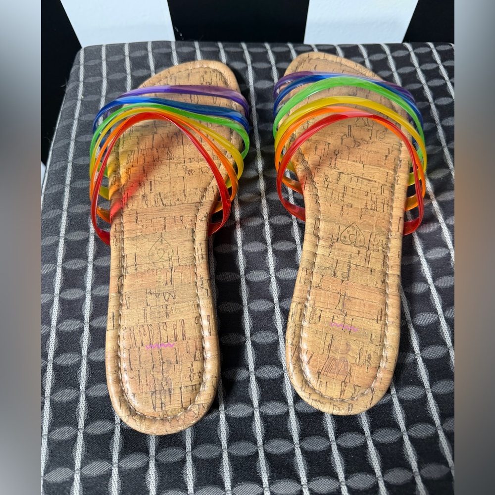 Rainbow Clear Strap Cork Slide Jelly Sandals - Picture 2 of 6